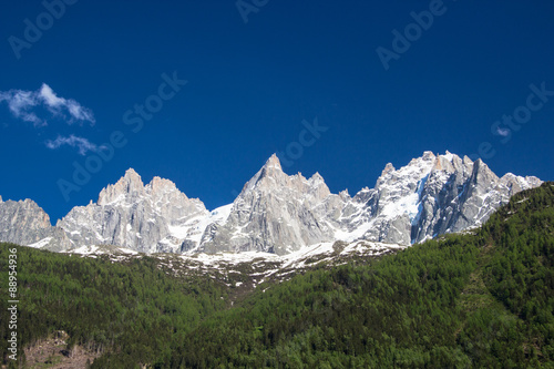 Peaks in snow and glacier nearby Chamonix