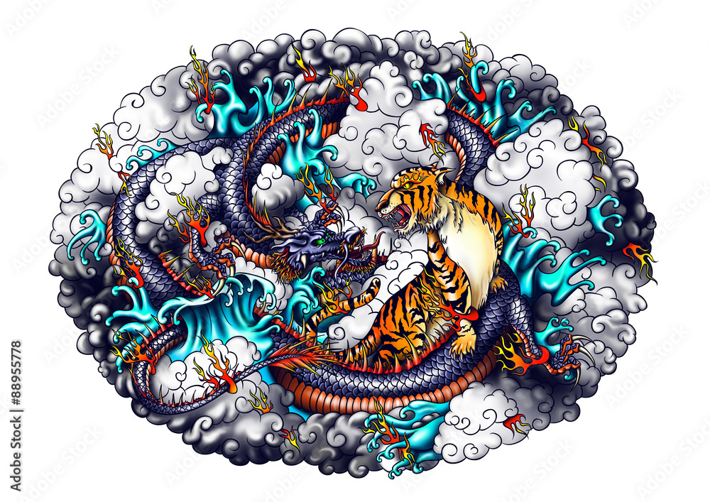Naklejka premium Projekt smoka i tygrysa w stylu japońskim.