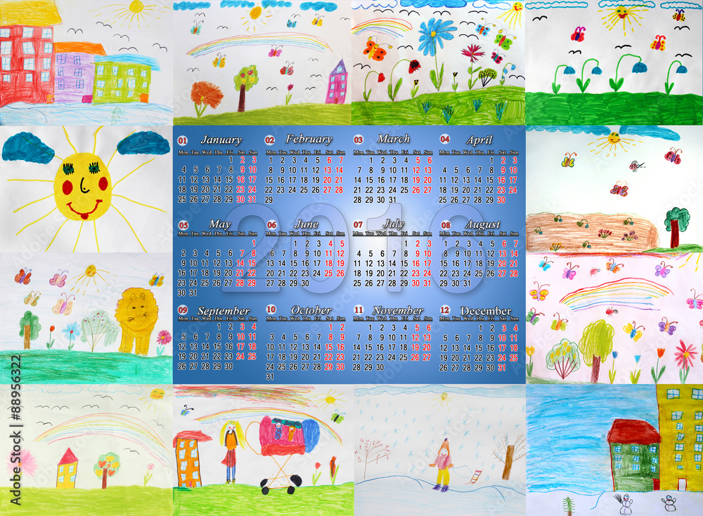 calendar for 2016 with different children's drawings calendar for 2016 with different children's drawings