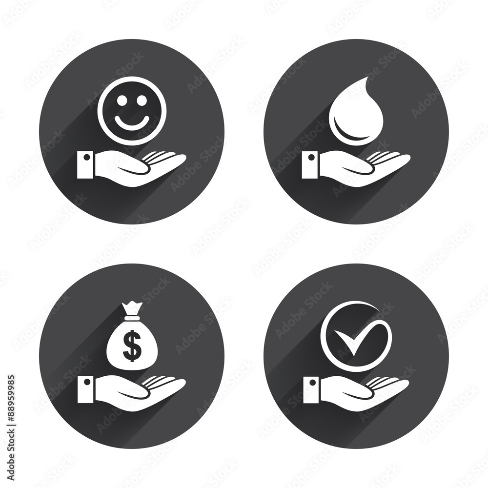 Smile and hand icon. Water drop, Tick symbol.