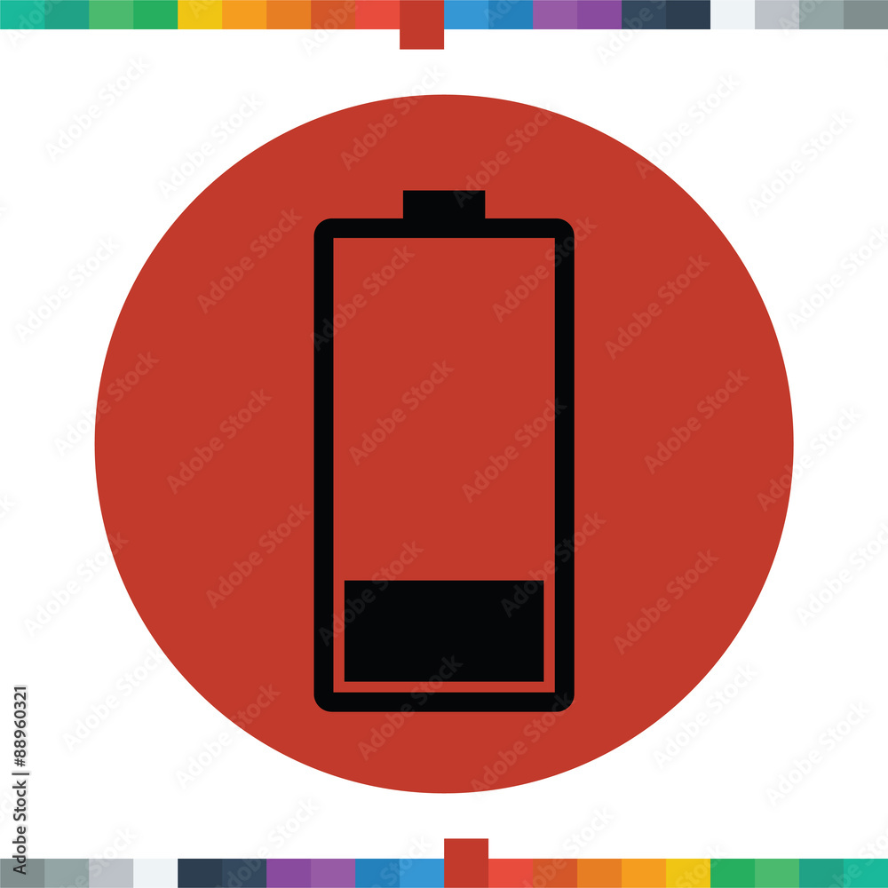 Flat battery charge icon, low power, empty battery. Flat battery charge icon, low power, empty battery.