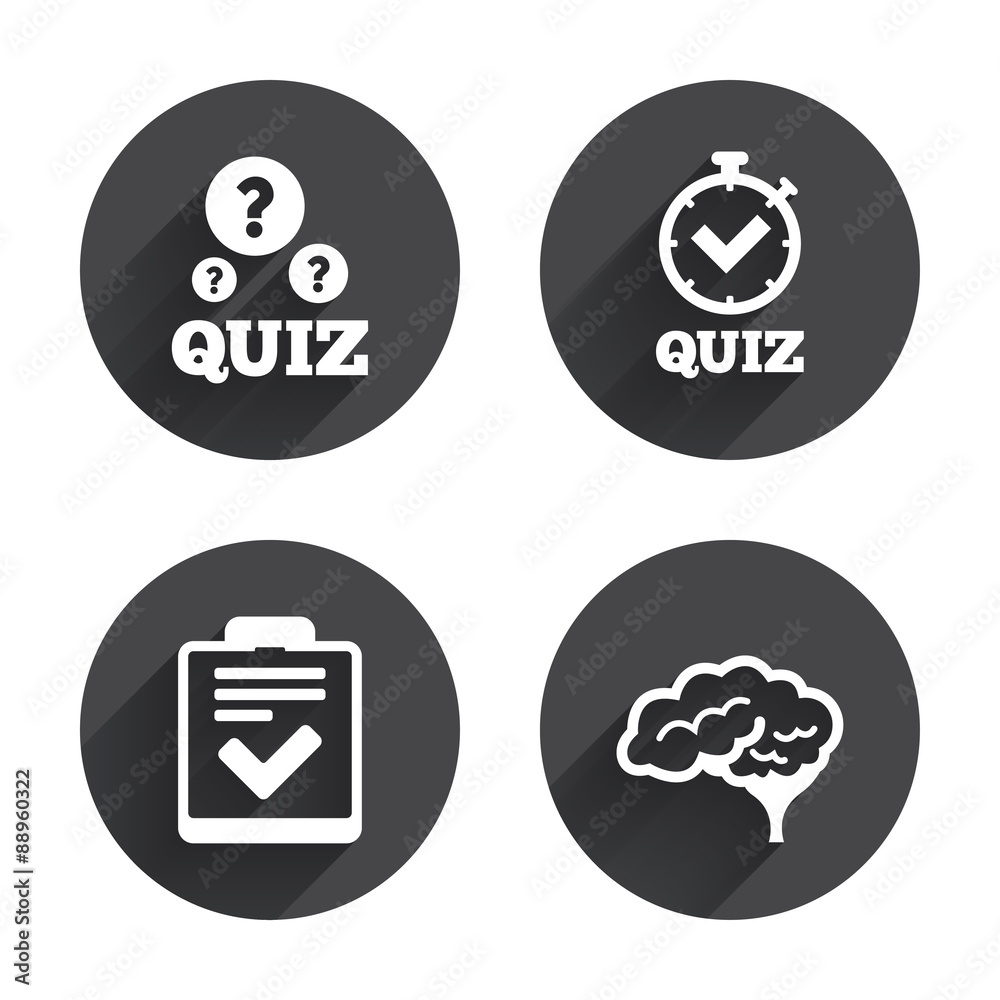 Quiz icons. Checklist and human brain symbols.