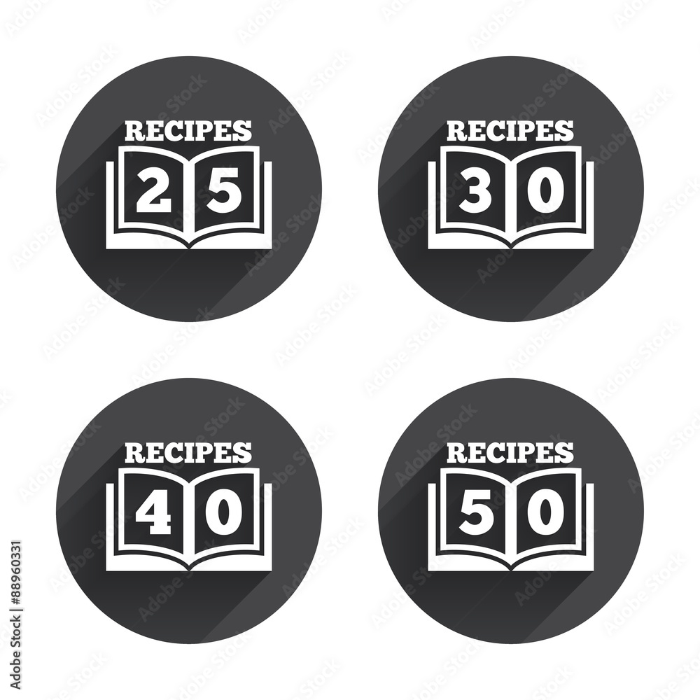 Cookbook icons. Fifty recipes book sign.