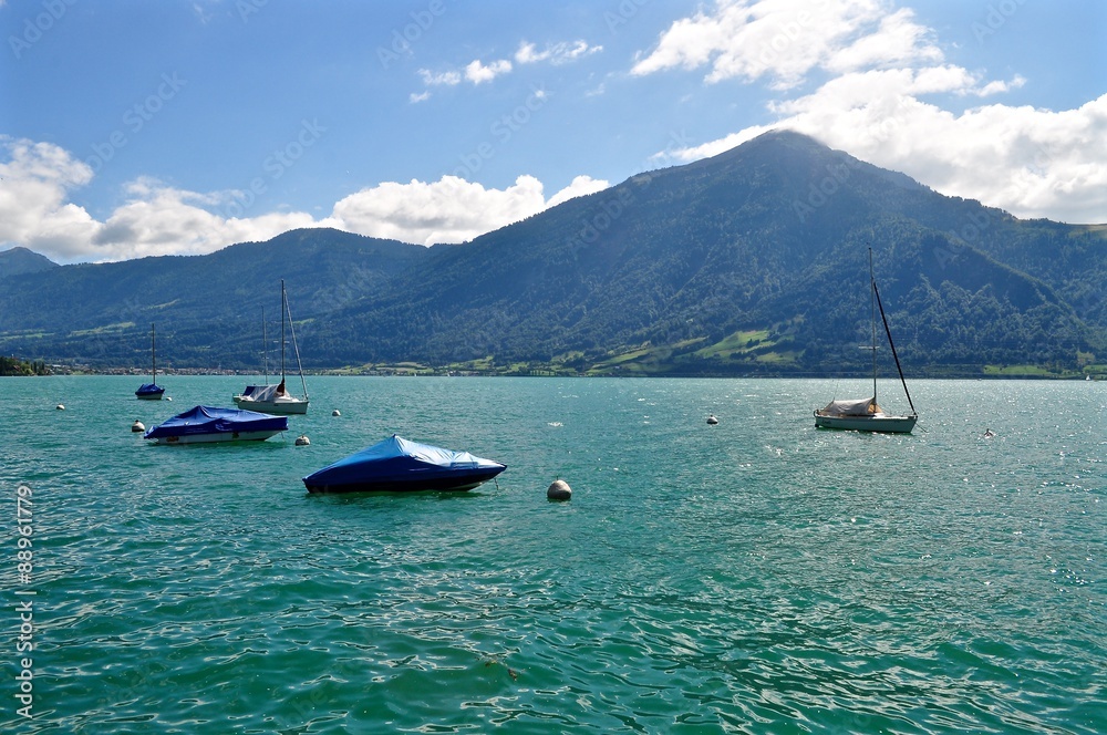 Türkisblauer Zugersee mit Berg Rigi und geankerten Booten Türkisblauer Zugersee mit Berg Rigi und geankerten Booten