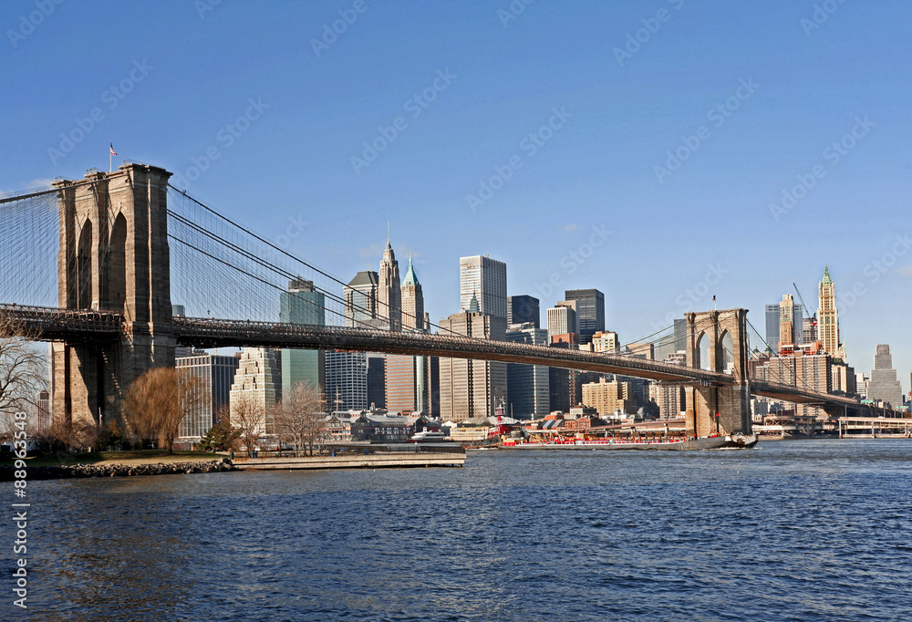 Manhattan skyline and Brooklyn Bridge over East River