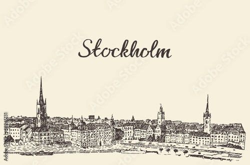 Canvas Print Stockholm skyline vector engraved drawn sketch