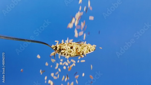 Wild Rice Dropped On Spoon Slow Motion. Shot at 60p conformed to 24p. photo