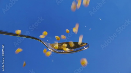 Corn Seeds Dropped On Spoon Slow Motion. Shot at 60p conformed to 24p. photo