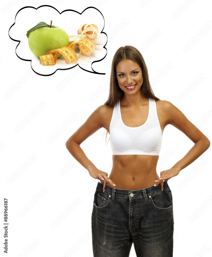 Beautiful girl with thoughts about healthy food, isolated on white