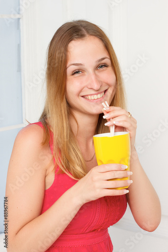 young woman hold water glass
