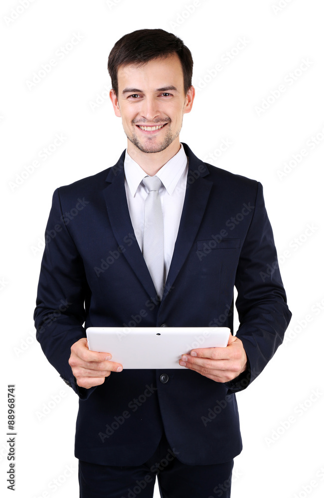 Elegant man in suit with tablet isolated on white Elegant man in suit with tablet isolated on white