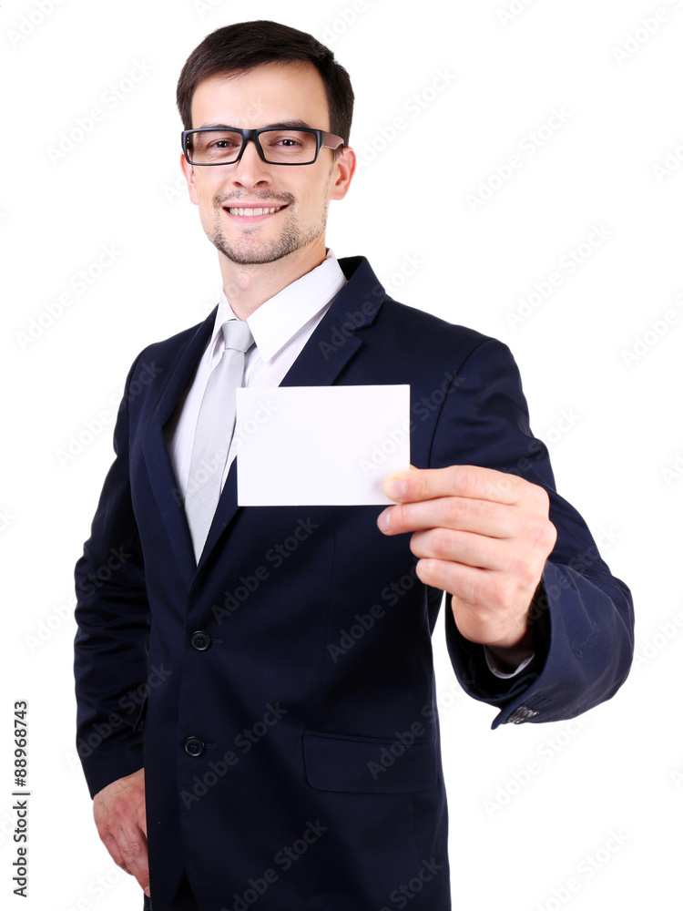 Elegant man in suit with business card isolated on white Elegant man in suit with business card isolated on white
