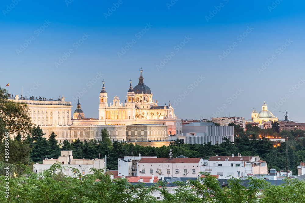 Madrid Skyline at dusk with the Royal Palace and the Almudena Ca