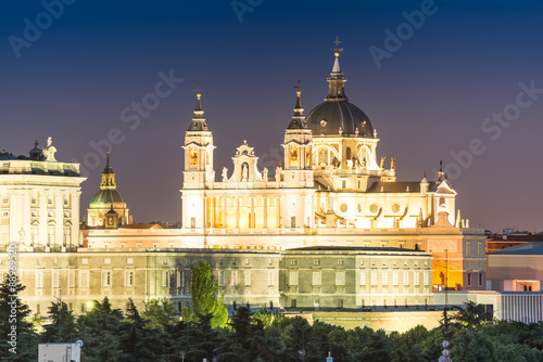 Madrid Skyline at dusk with the Royal Palace and the Almudena Ca