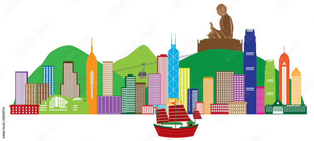 Fototapeta premium Hong Kong Skyline and Buddha Statue Color Vector Illustration