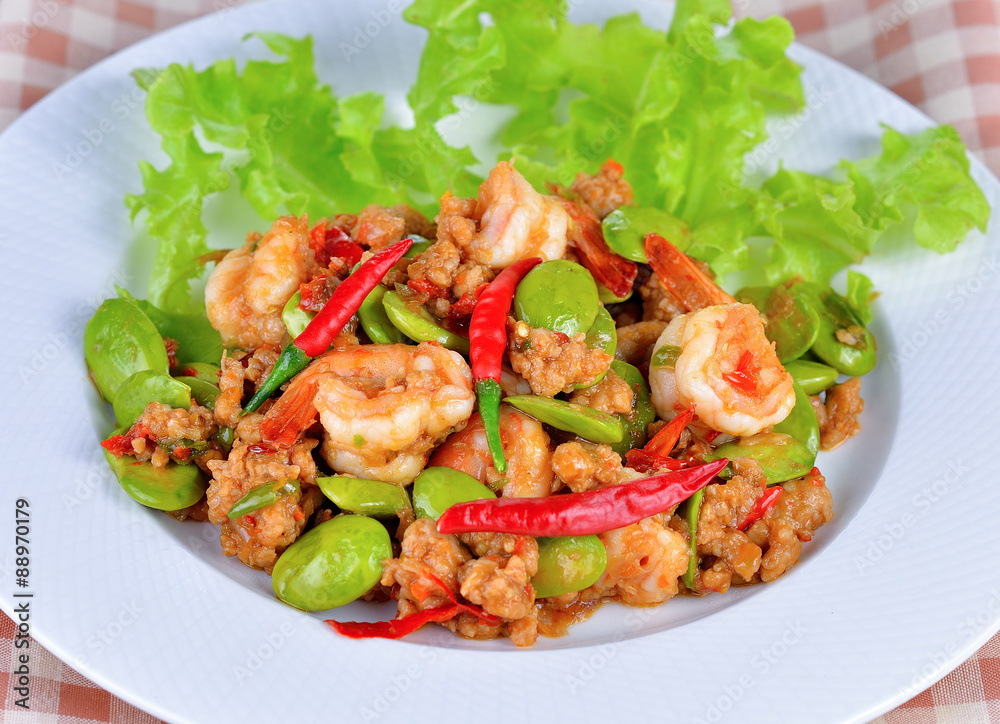 Stir fried bitter bean with shrimp and pork. Stir fried bitter bean with shrimp and pork.