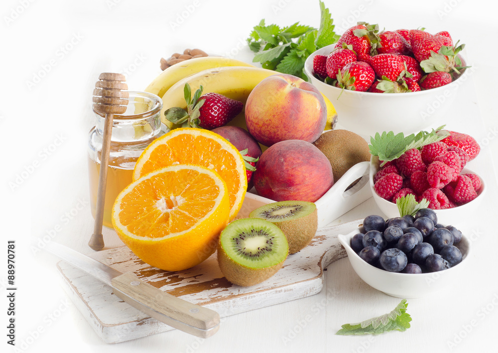 Fresh fruits, honey and berries. Fresh fruits, honey and berries.