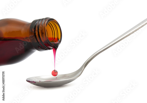 bottle with medicine and spoon isolated
