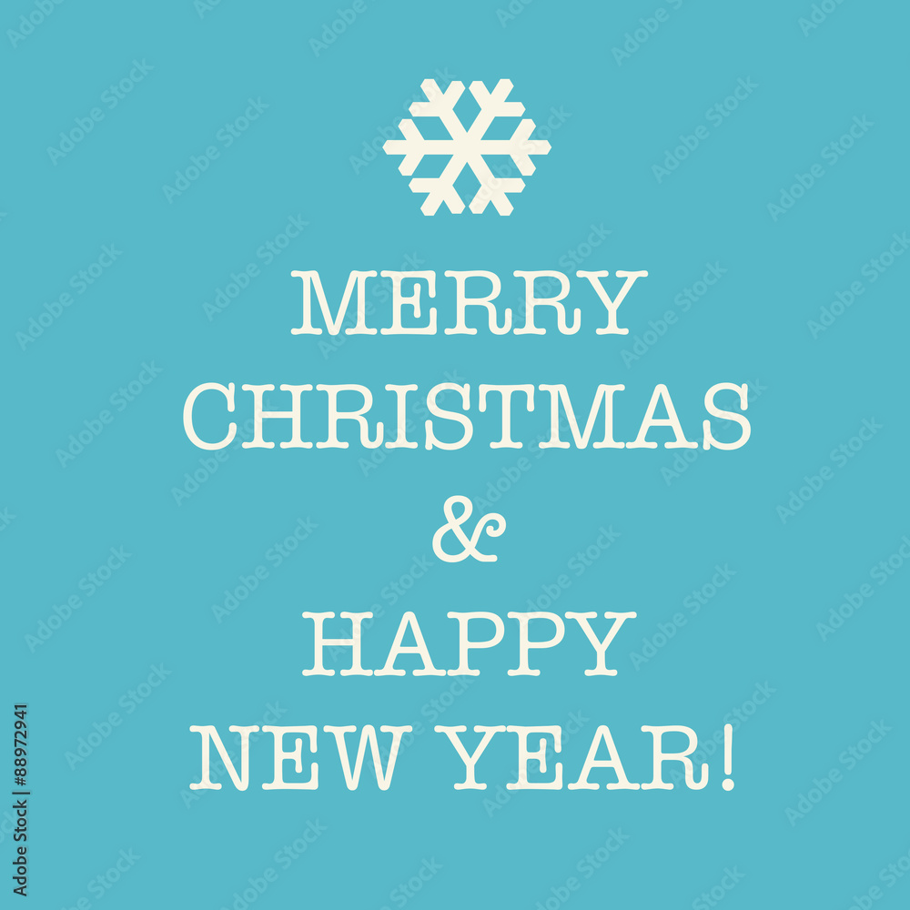 Simple blue Merry Christmas and Happy New Year card with a snowflake.