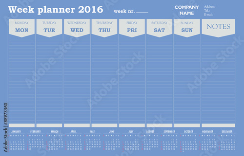 Week planner 2016 calendar - blue and gray design