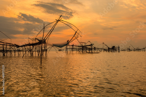 Thai style fishing trap in Pak Pra Village, Net Fishing Thailand, Thailand Shrimp Fishing, Phatthalung.