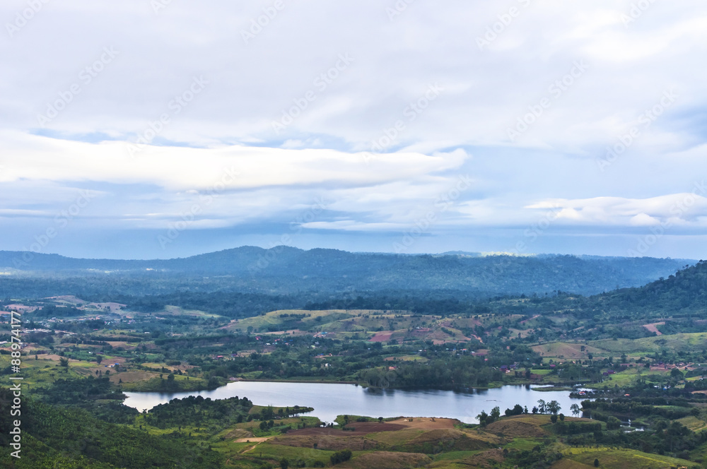mountain valley and lake at cloudy day of Thailand
