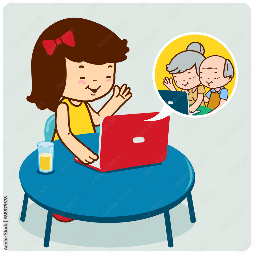 Little girl sitting on her desk in front of her computer and chatting online with her grandparents. Vector illustration Little girl sitting on her desk in front of her computer and chatting online with her grandparents. Vector illustration