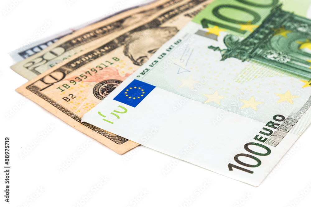 Close up of Euro currency note against US Dollar Close up of Euro currency note against US Dollar
