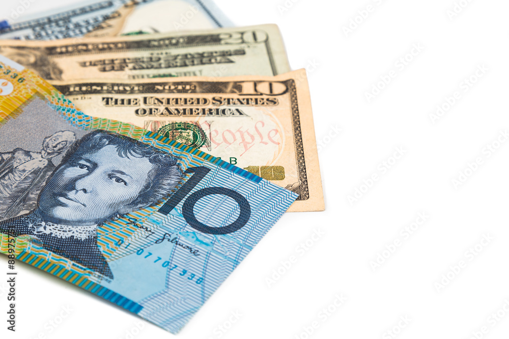 Close up of Australian Dollar currency note against US Dollar Close up of Australian Dollar currency note against US Dollar