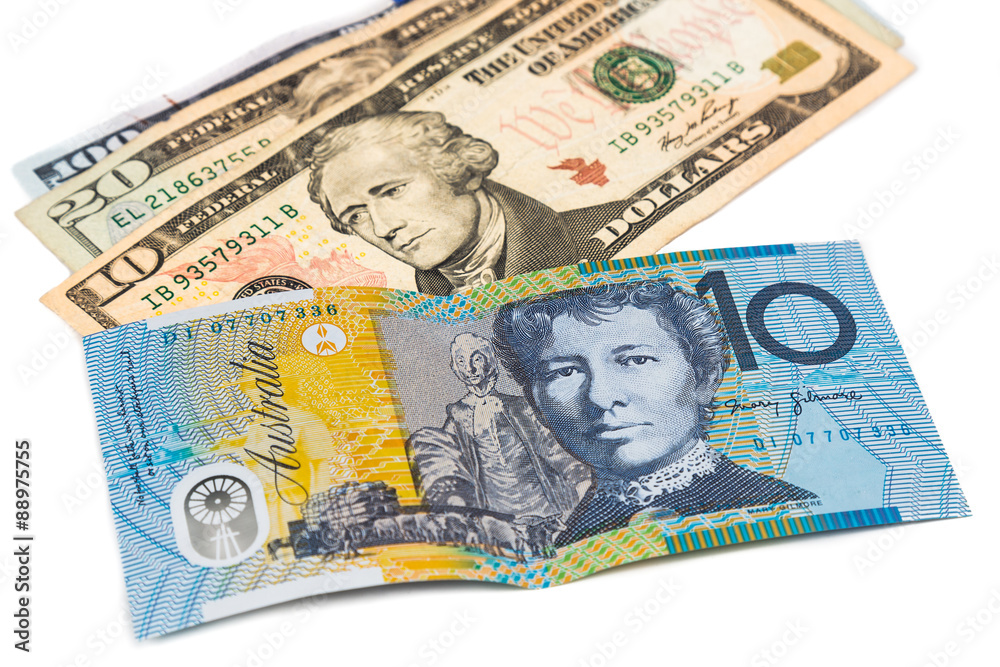 Close up of Australian Dollar currency note against US Dollar Close up of Australian Dollar currency note against US Dollar