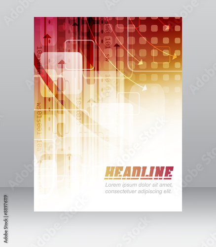 Business flyer template with abstract technological pattern, square and arrows. Vector illustration.