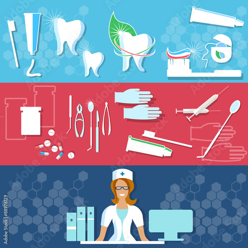 Dental clinic, toothpaste, dental floss, medical care, banners