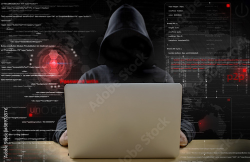 Canvas Print hacker at work with graphic user interface around