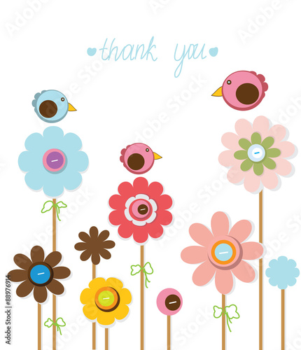 beautiful decorative background with flowers bird and the words thank you on white background