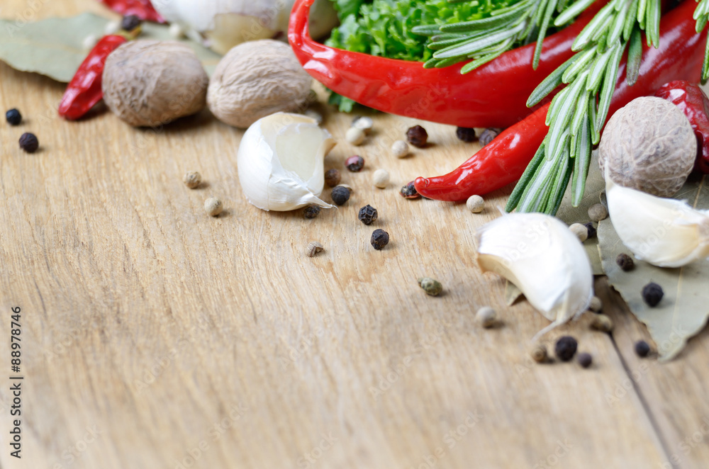 Garlic, nutmeg, rosemary and chili pepper Garlic, nutmeg, rosemary and chili pepper