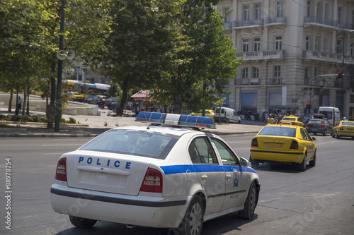 police car, blue lights in Athens