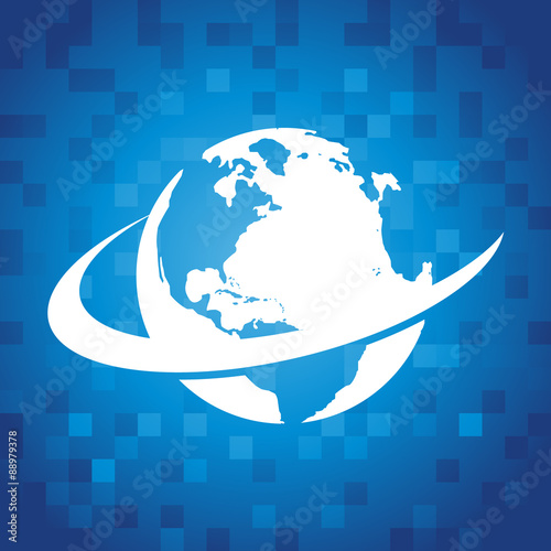 Globe swoosh icon on blue pixel background