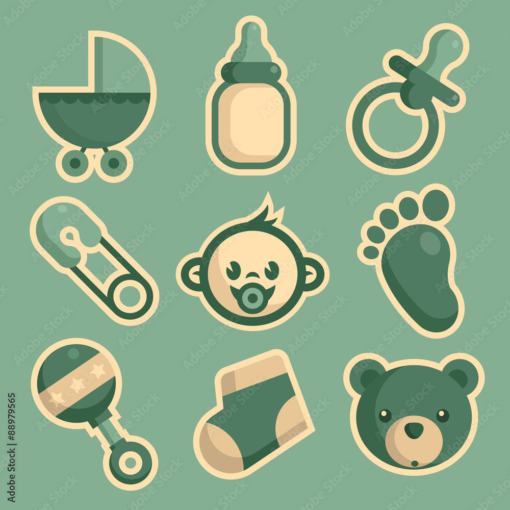 Set of blue baby shower icons Set of blue baby shower icons