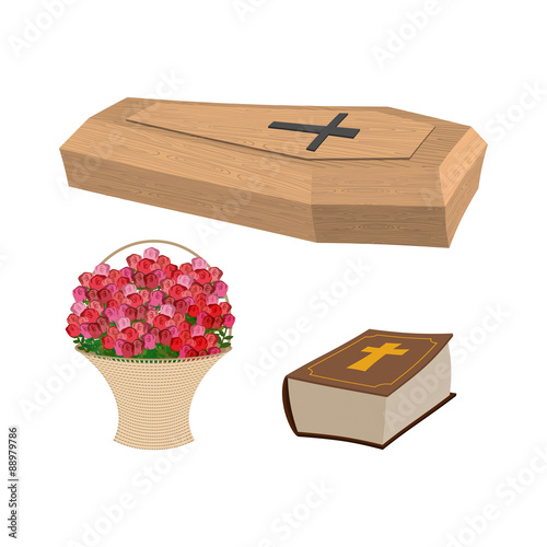 Set funeral. Coffin and Bible. Basket of flowers for burial of d