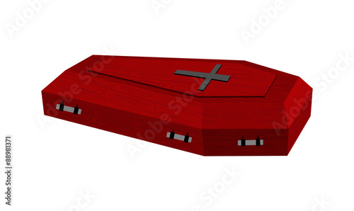Burgundy expensive coffin for rich with handles on a white backg