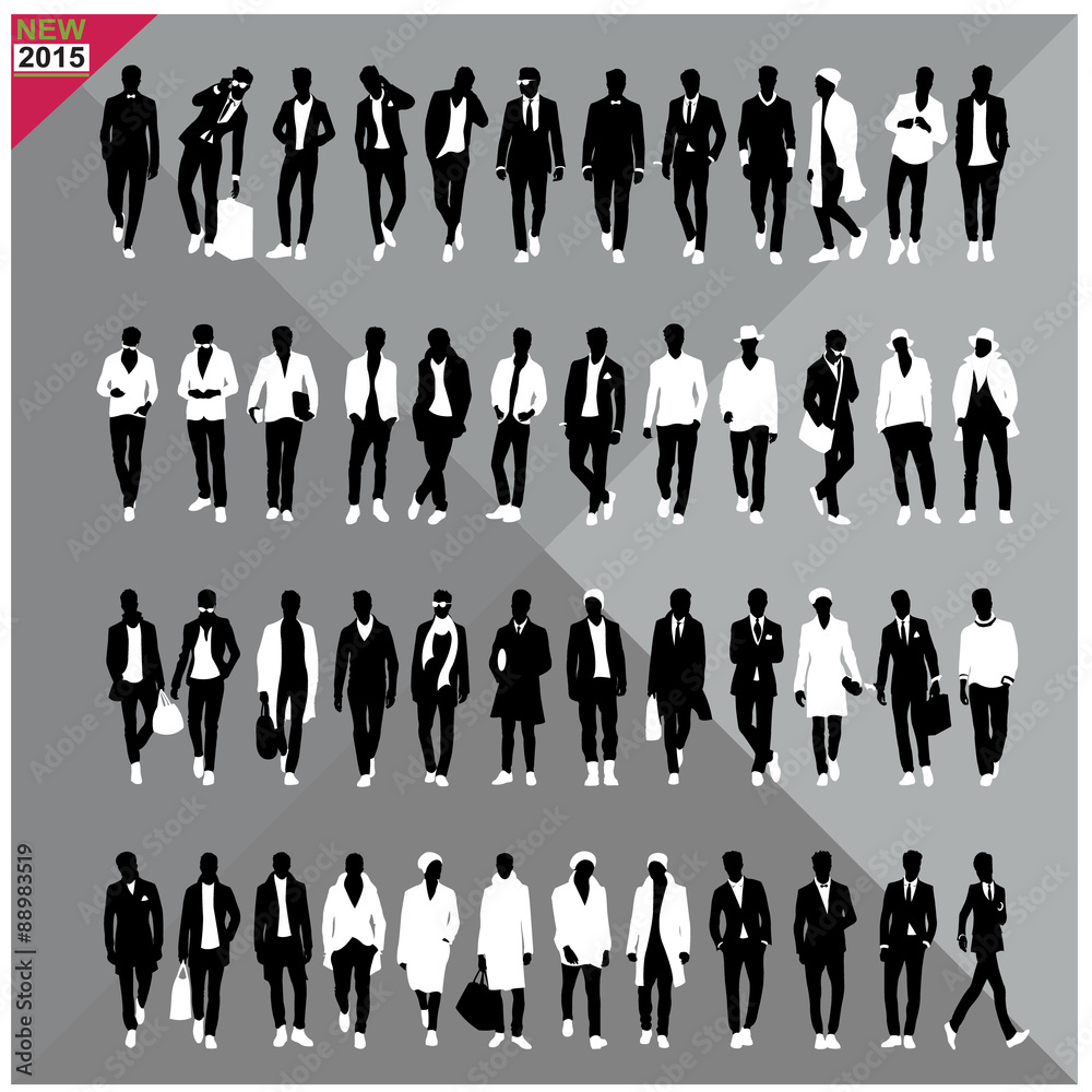 Set of 48 Men black silhouettes with white cloths on top,totally editable,collection