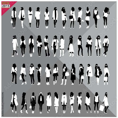 Set of 48 women,girl black silhouettes with white cloths on top,totally editable,collection