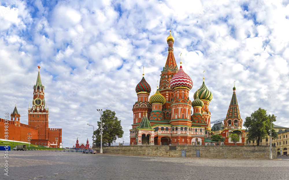 Moscow Kremlin, Spasskaya Tower  and St. Basil Cathedral. Red Square. Russia