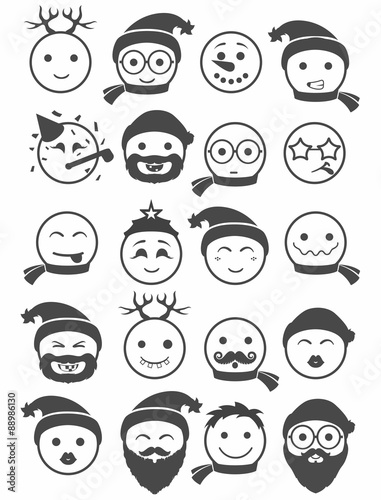 icons set 20 smiles winter black and white