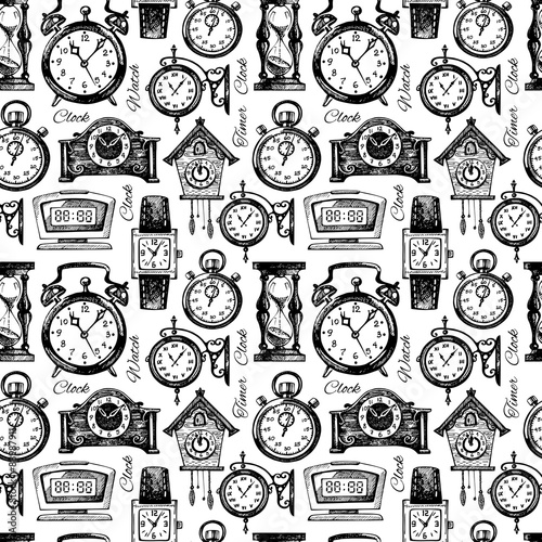 Hand drawn clocks and watches seamless pattern
