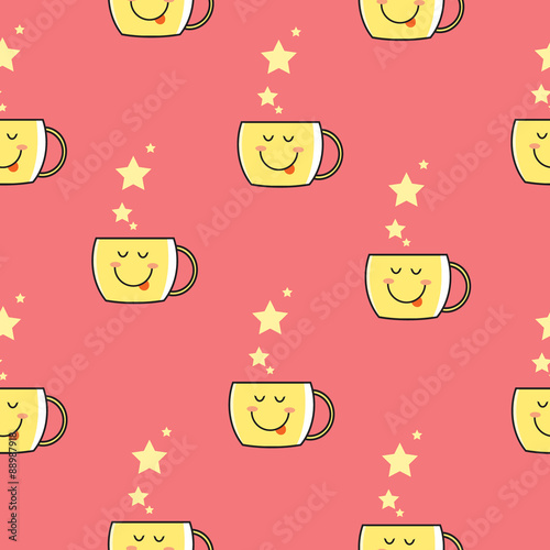 Vector seamless pattern with cute cartoon circles and hearts on pink  background.