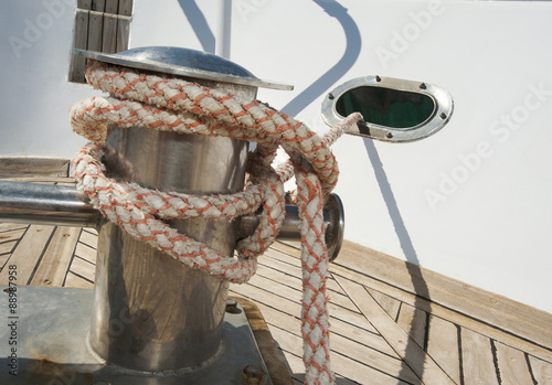 Closeup of a boat capstan and rope