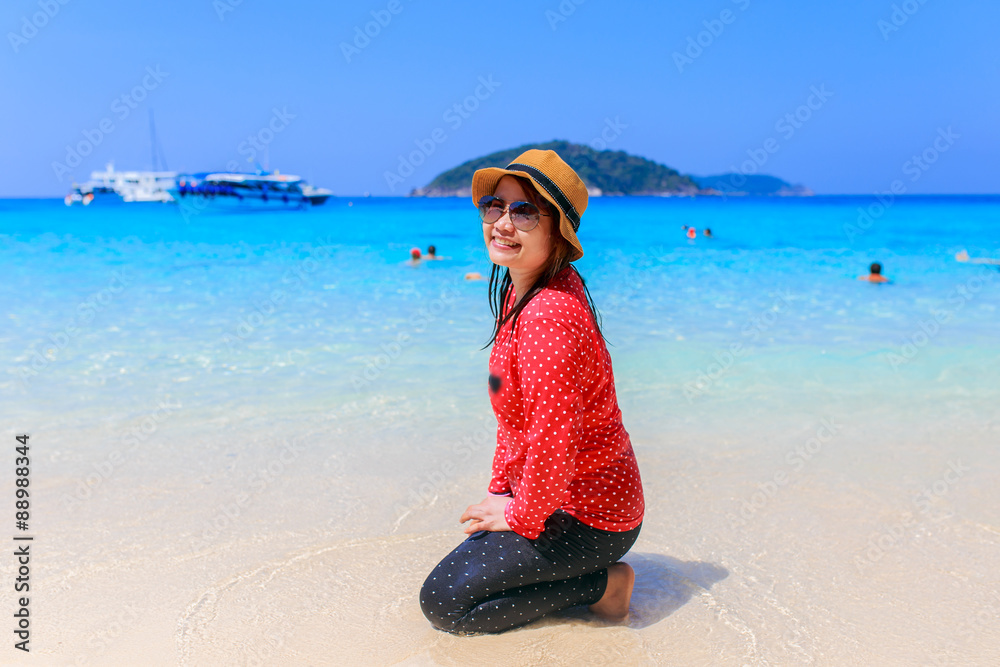 Asia woman in Tropical beach, Similan Island, Koh Ta Chai, Andaman Sea, Thailand