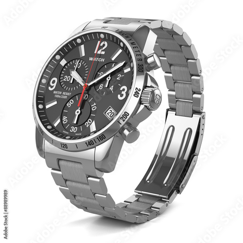 Swiss wrist watch. Mens swiss mechanical wrist watch with stainless steel wristband and black dial, tachymeter, chronograph. Isolated on white background 3d