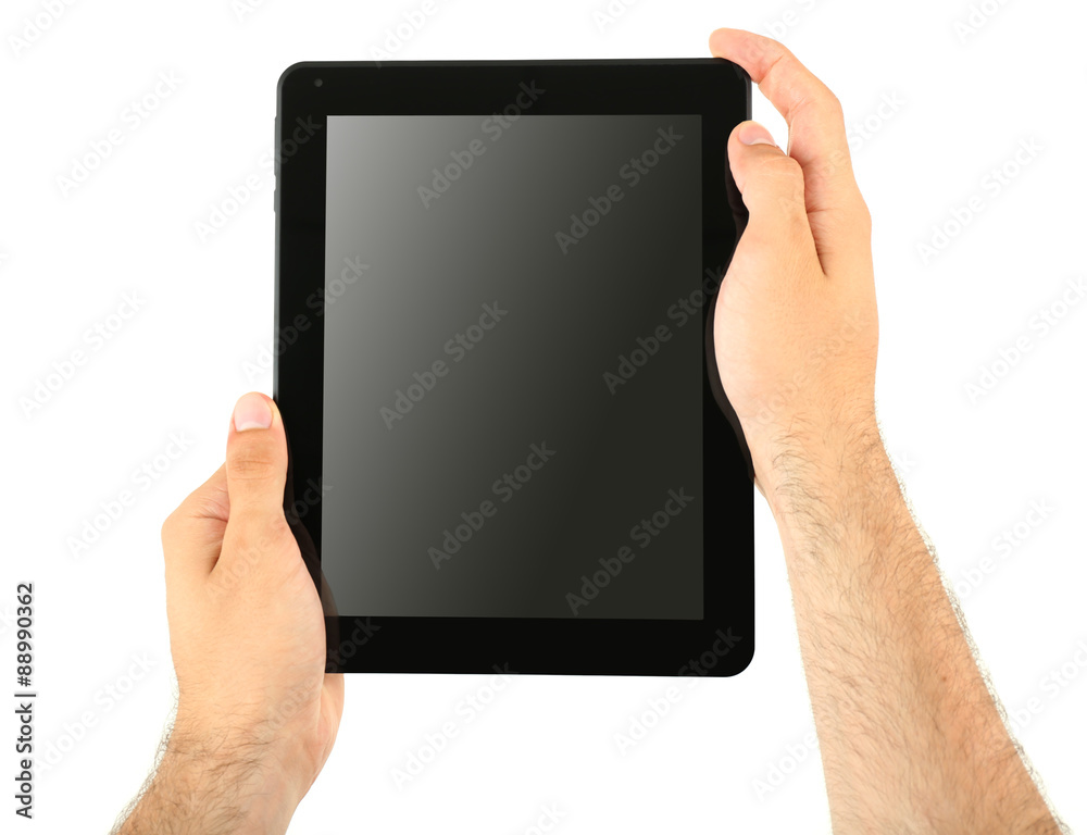 Male hands holding tablet isolated on white Male hands holding tablet isolated on white
